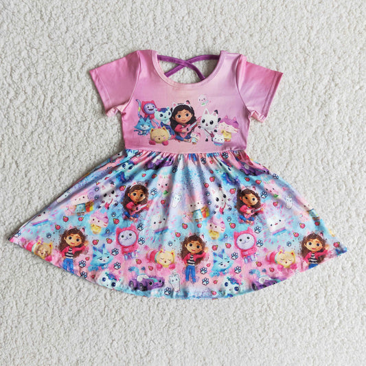 B1-3 Cartoon cat purple short sleeve girls dress