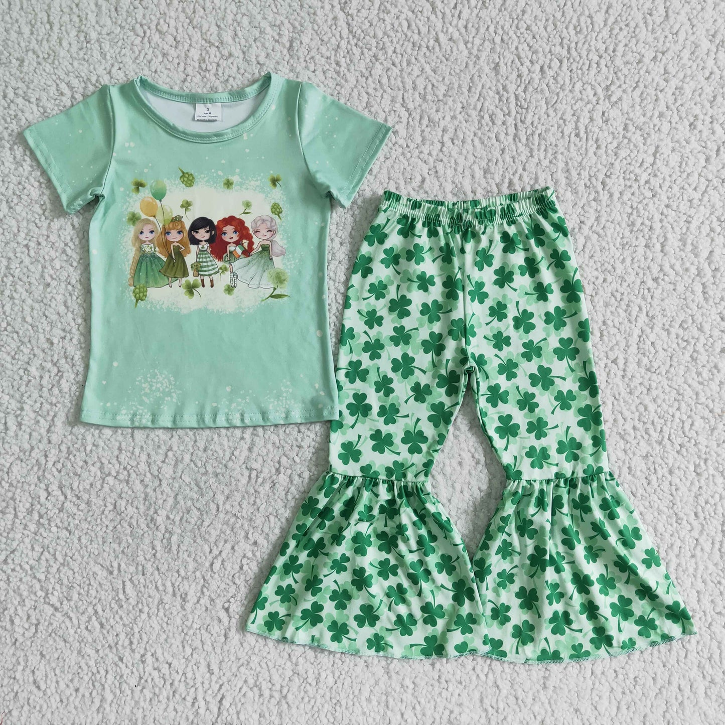 B10-2 St Patrick Cartoon Girl Green Short Sleeve Clover Pants Girls Set