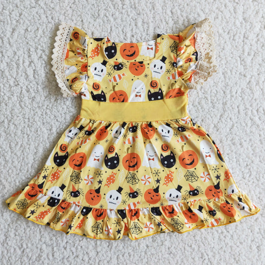 B10-9 Halloween spooky pumpkin flutter sleeve girls dress