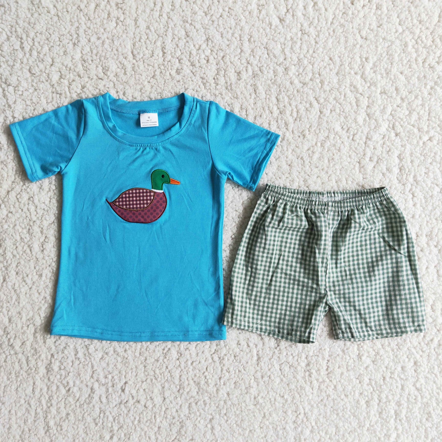 B11-1 boys embroidery mallard blue short sleeve shorts set