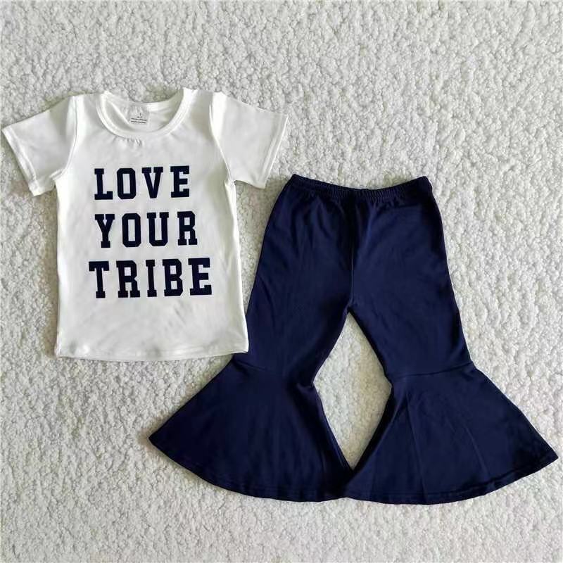 B11-23 Love your tribe short sleeve black pants girls set