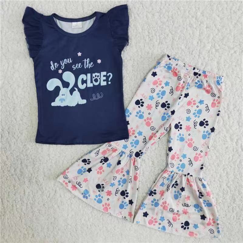 B13-3 Cartoon dog flutter sleeve pants girls set