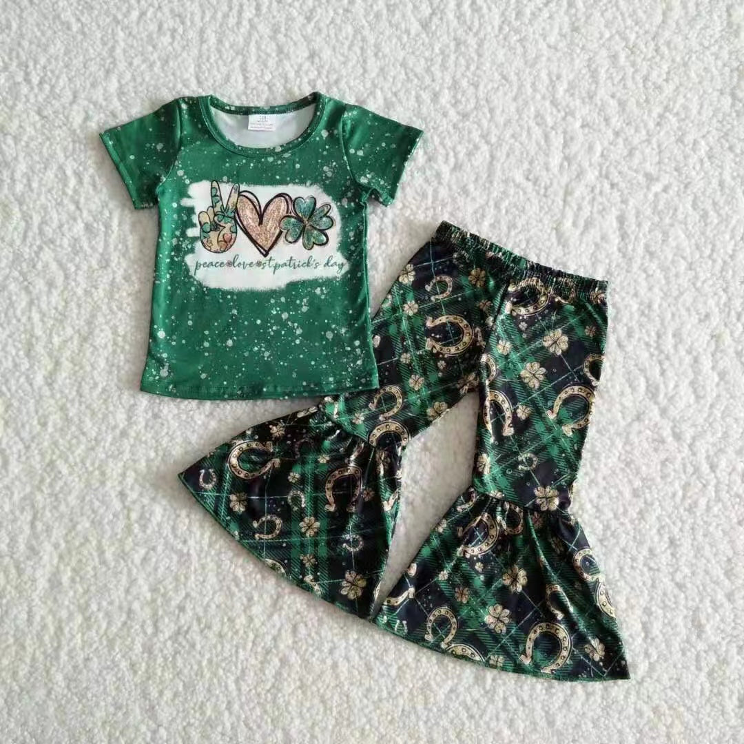 B17-11 St Patrick Peace Love Clove green short sleeve horse shoe pants girls set