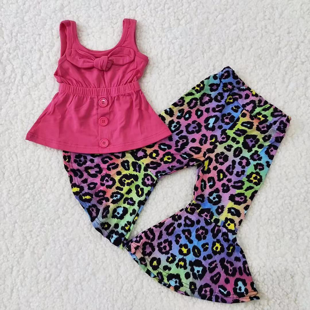 B17-21 hot pink sleeveless colorful leopard pants girls set