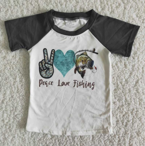 B17-3 peace love fishing short sleeve boys top