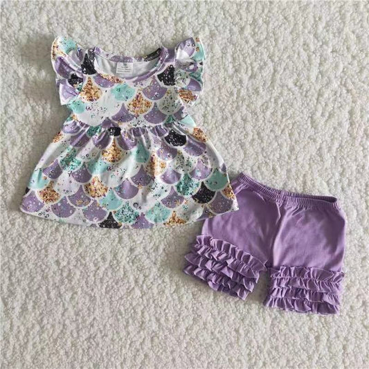 B17-9 mermaid flutter sleeve purple shorts girls set