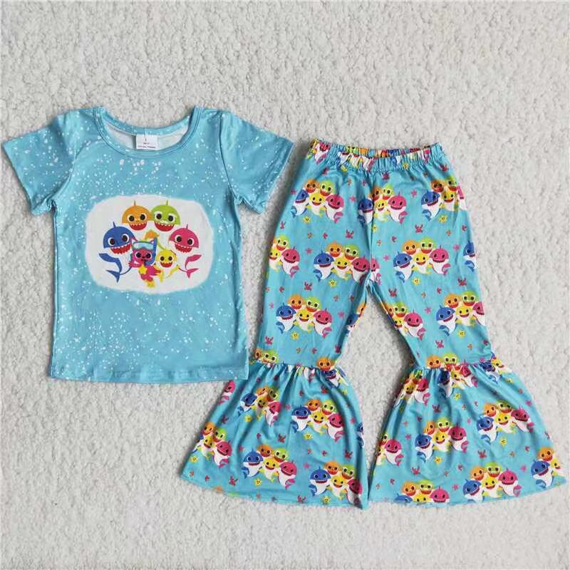 B18-14 Cartoon shark blue short sleeve pants girls set