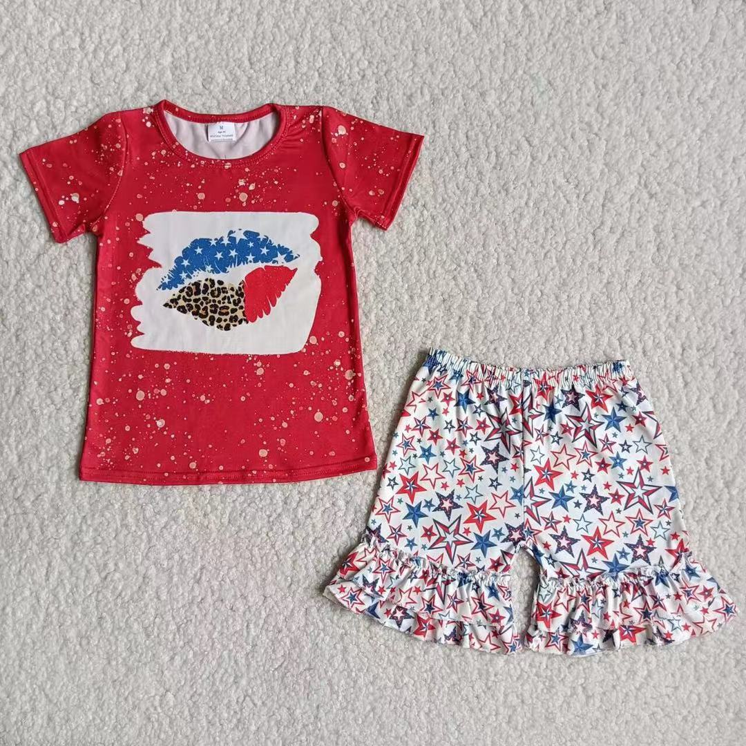 B18-15 July 4th red short sleeve blue red star shorts girls set