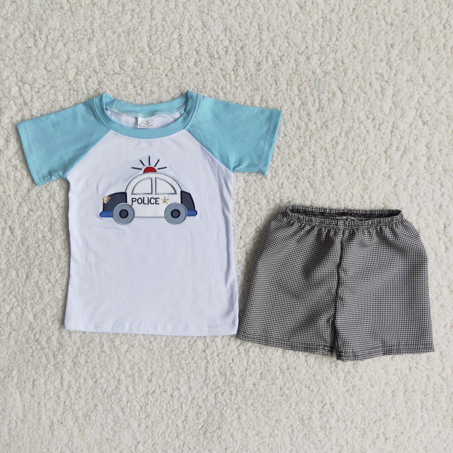 B18-4 embroidery police car short sleeve shorts boys set