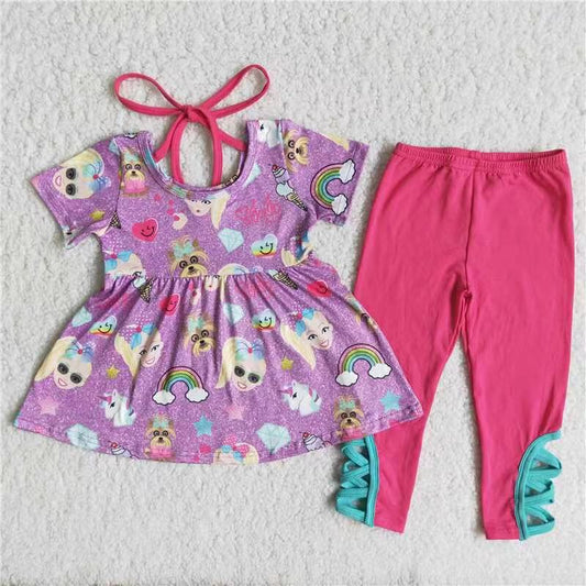 B18-5 Cartoon rainbow purple short sleeve pants girls set