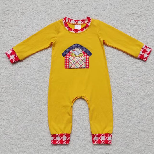 LR0384 Farm Cock House Yellow Long Sleeves Boys Romper
