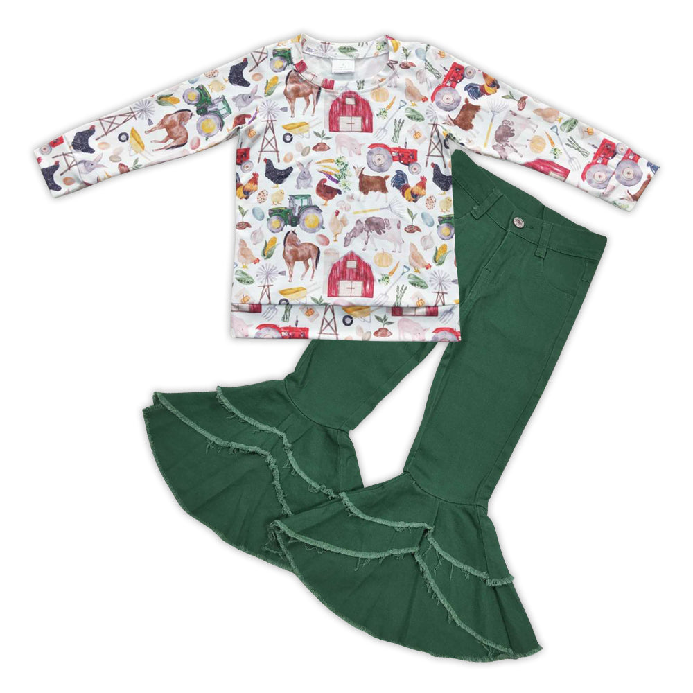 GLP0791 Farm animals house top green bell-bottom denim pants girls set