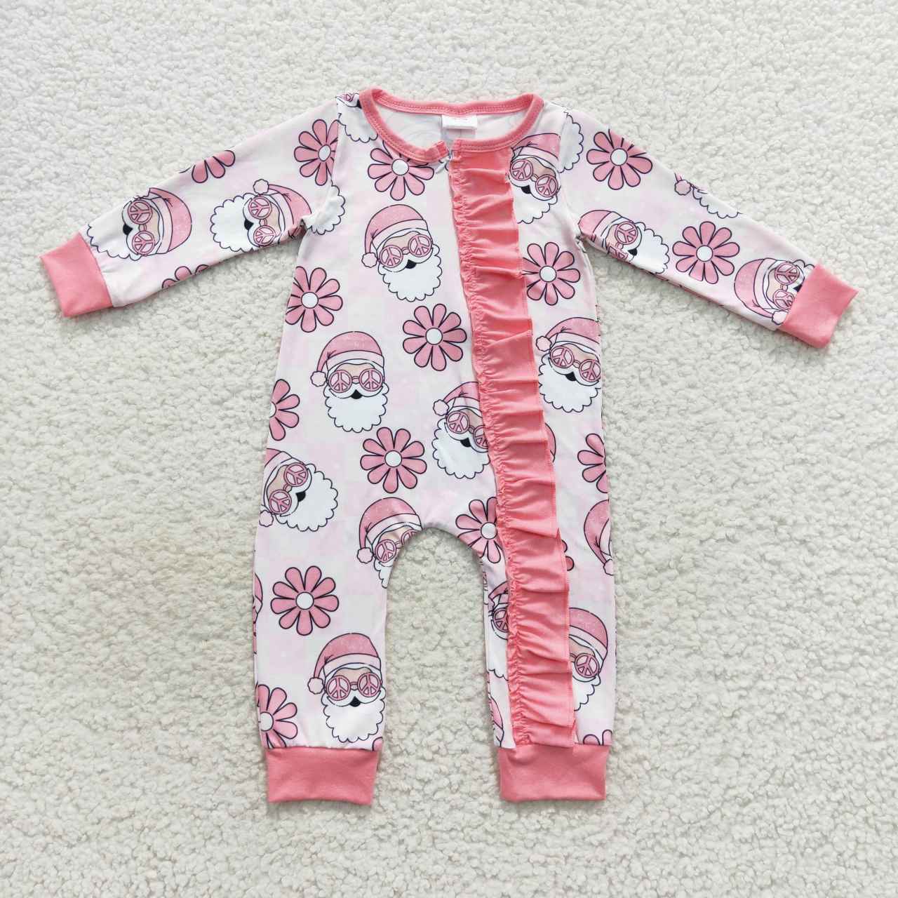 LR0615 Christmas Santa Claus flowers pink long sleeve girls romper