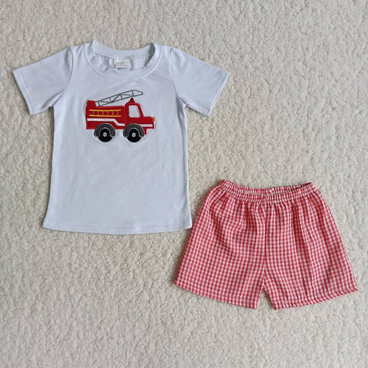 B3-13 embroidery fire truck short sleeve red checkered shorts boys set