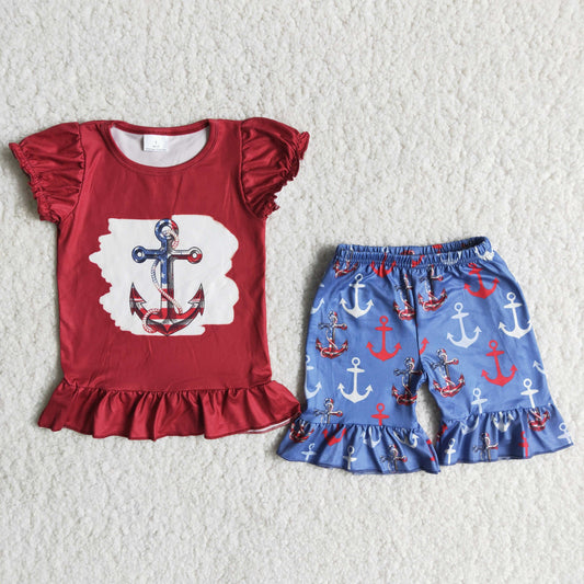 B3-2 July 4th red boat anchor short sleeve blue shorts girls set