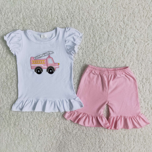 B3-4 embroidery car short sleeve pink shorts girls set