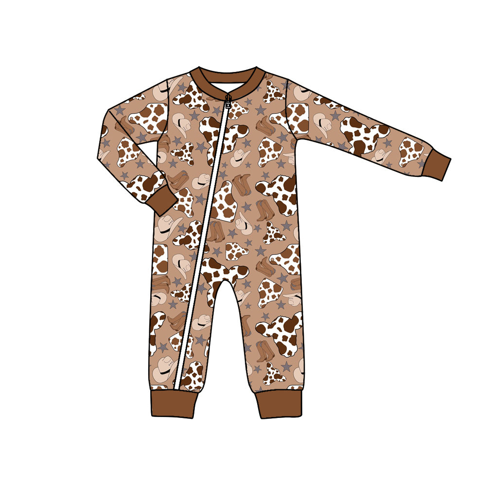 preorder LR0678 Western cow print brown long sleeve kids romper