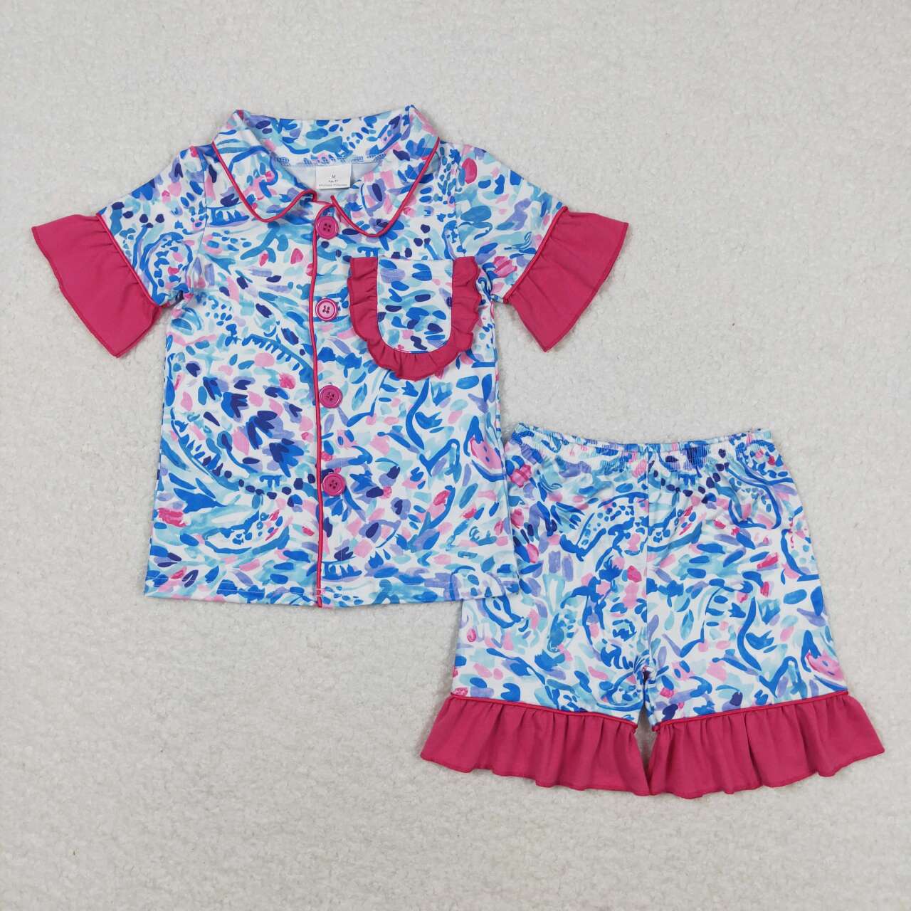 GSSO1096 multi color print bright color purple blue pocket short sleeve shorts girls pajamas