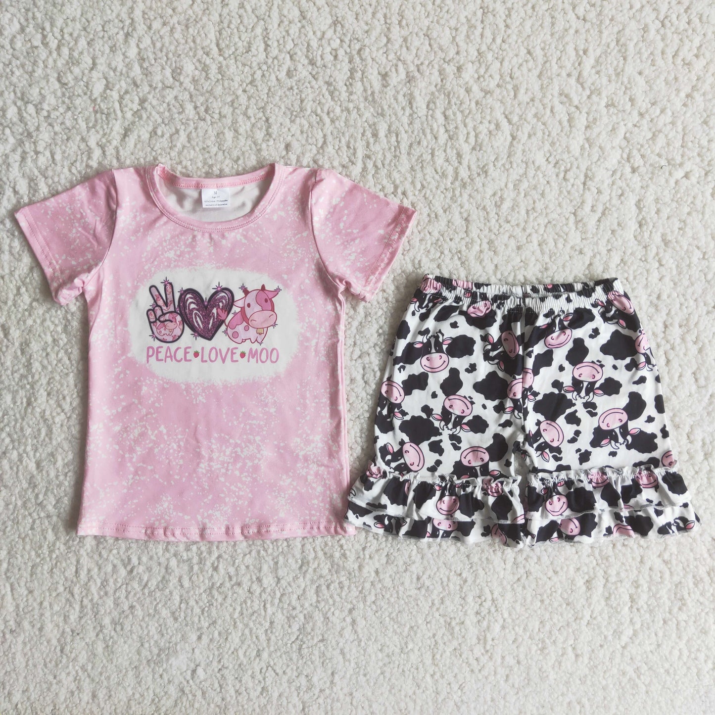 B5-3 Peace Love Moo Pink Bleach Design Cow Print Girls Set