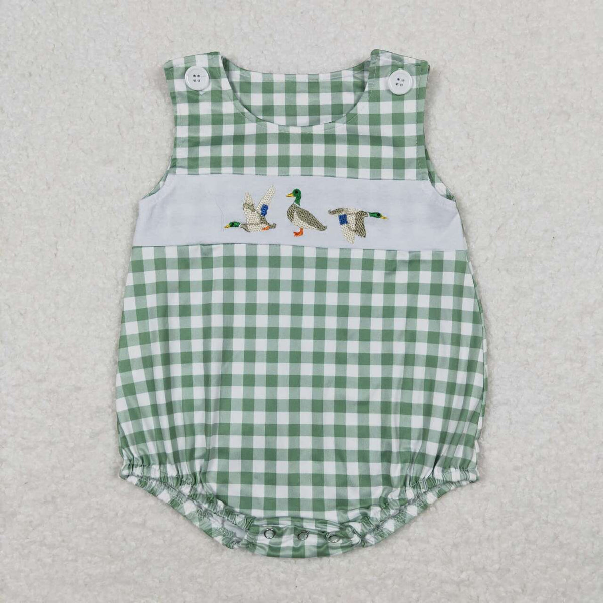 SR1066 embroidery Mallard green checkered sleeveless boys romper