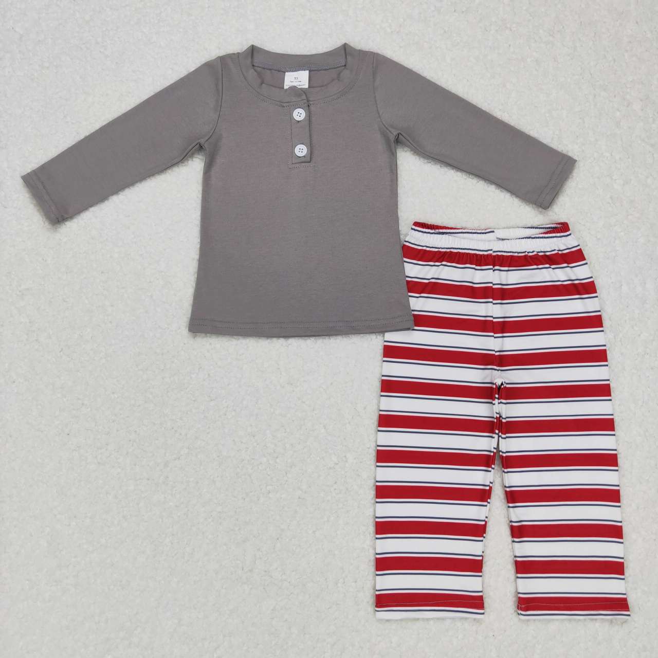 BLP0391 Grey long sleeve red striped pants boys pajamas