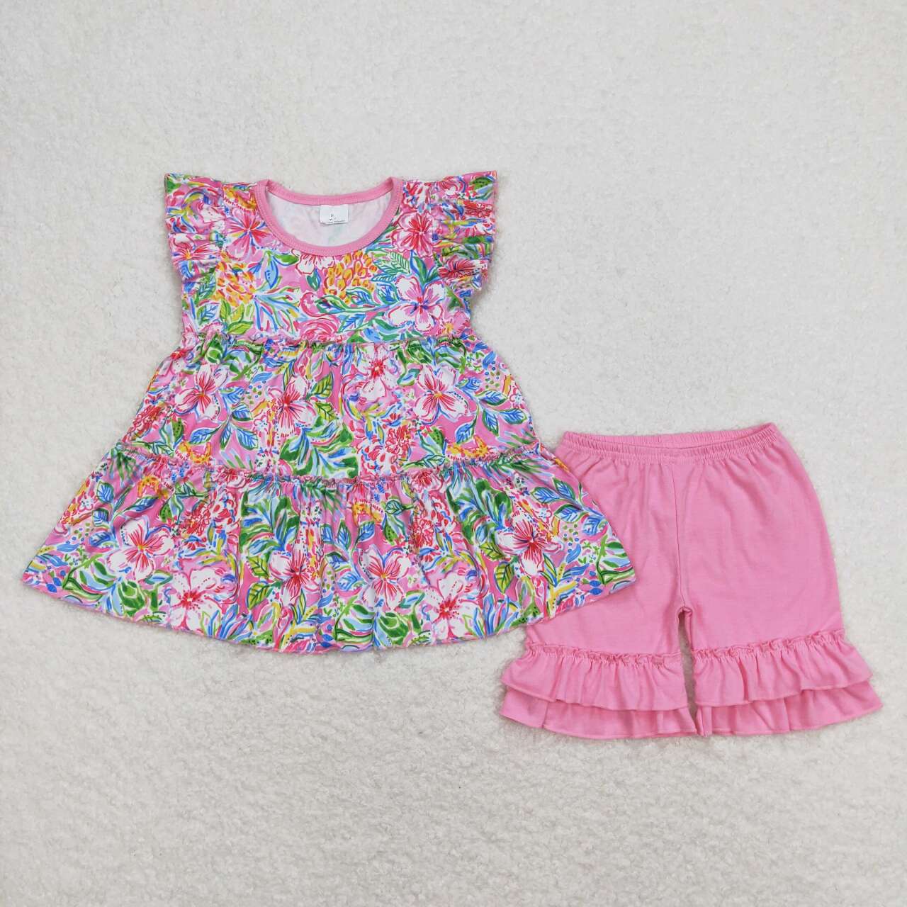 GSSO0619 Colorful Flowers Flutter Sleeve Hot Pink Ruffles Shorts Girls Summer Set