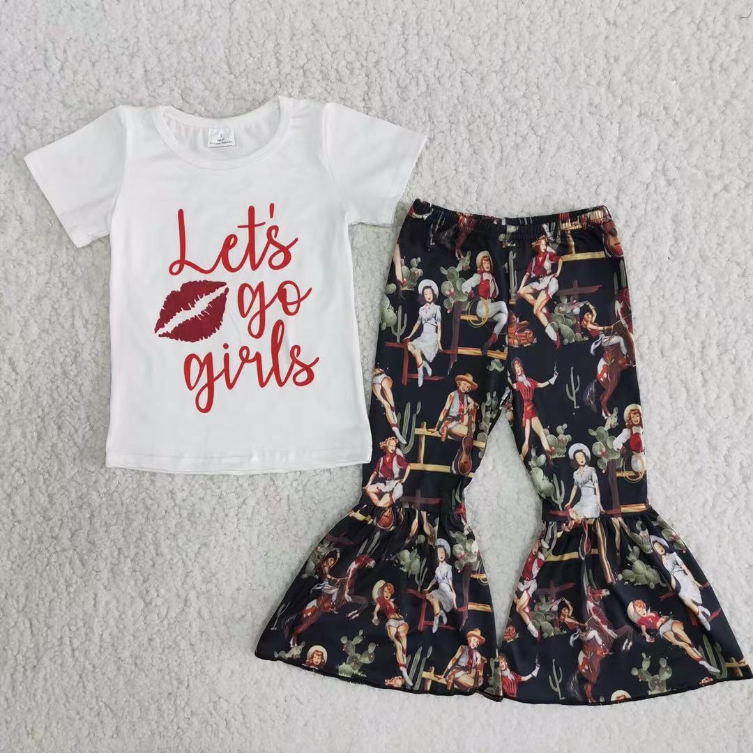 B7-15 Let's go girls short sleeve pants girls set