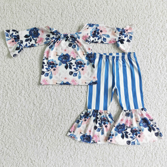 GLP0004 Blue Floral Print Striped Print Girls Set