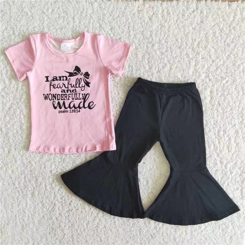 B8-15 Pink short sleeve black pants girls set