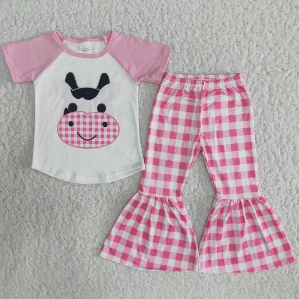 B9-11 Cow pink short sleeve girls set