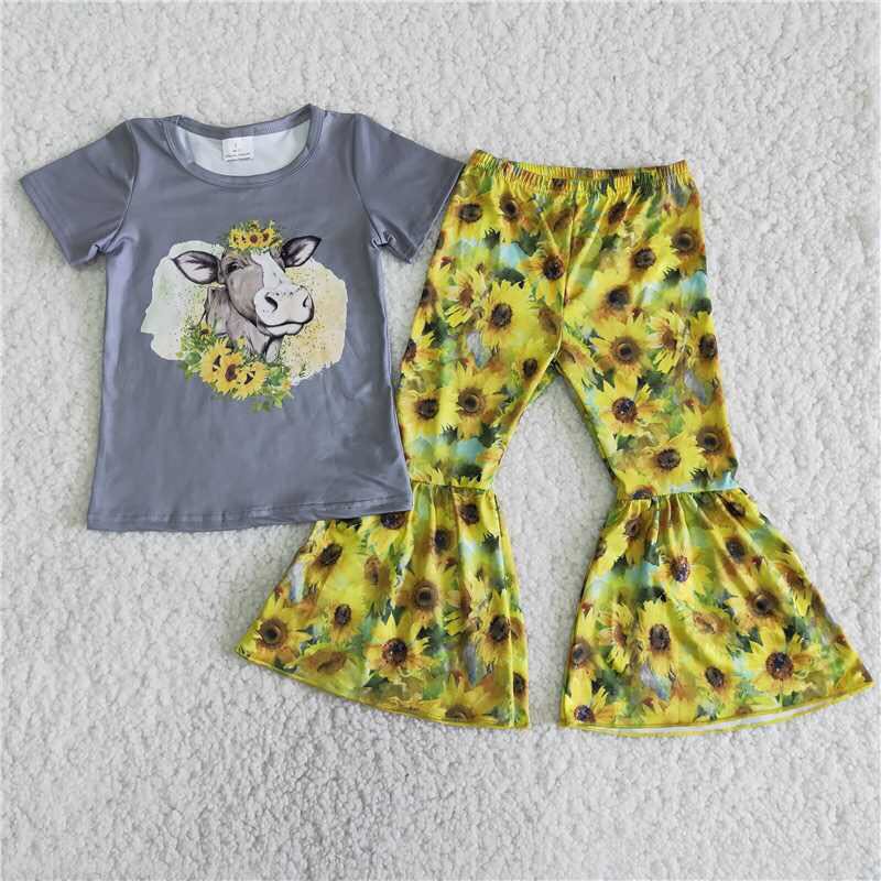 B9-15 Cow sunflowers short sleeve pants girls set