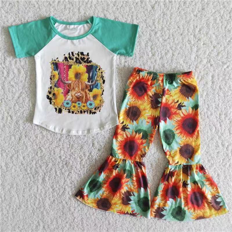 B9-3 highland cow sunflowers short sleeve pants girls set