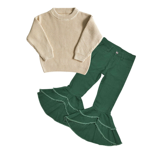 GLP0839 White sweater long sleeve green denim pants girls set