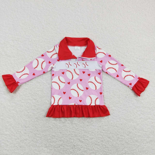 GT0429 Embroidery Valentine's Day Heart Baseball Hot Pink Long Sleeve Girls Pullover