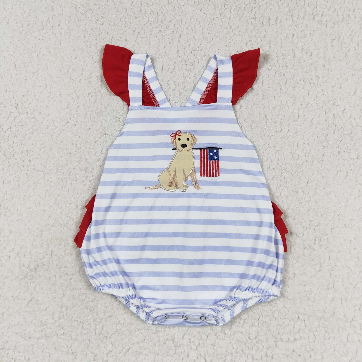 SR1081 embroidery July 4th dog flag blue striped flutter sleeve girls romper