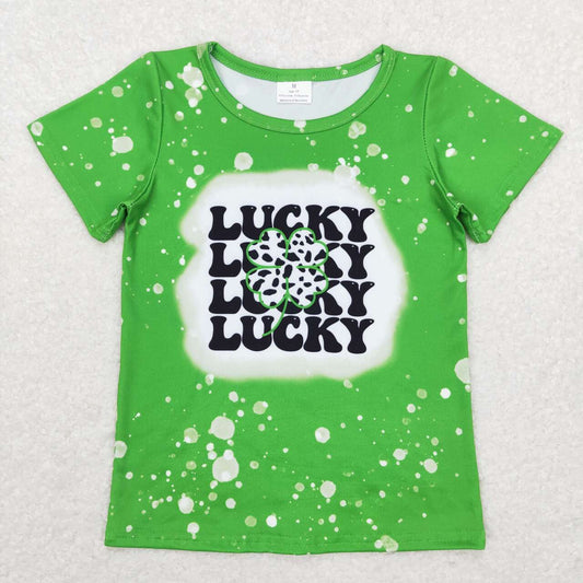 GT0420 Saint Patrick Lucky Clover Green Short Sleeve Girls Top