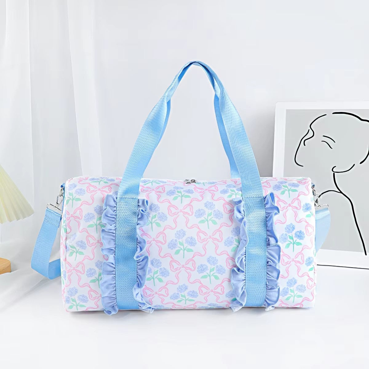 Blue Bow With Ruffles preorder BA0294 blue flowers pink bows blue ruffles bag – Yiwu Zhihao Apparel Co Ltd