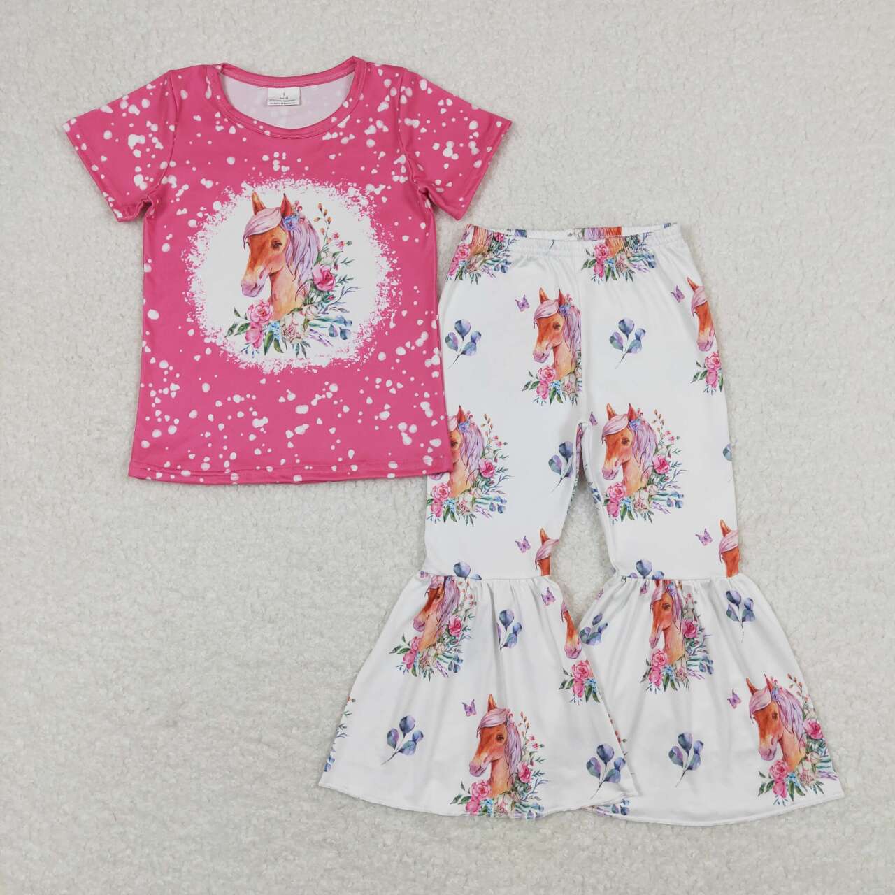 GSPO1340 Cute Pretty Horse Flowers Hot Pink Short Sleeve Pants Girls Set