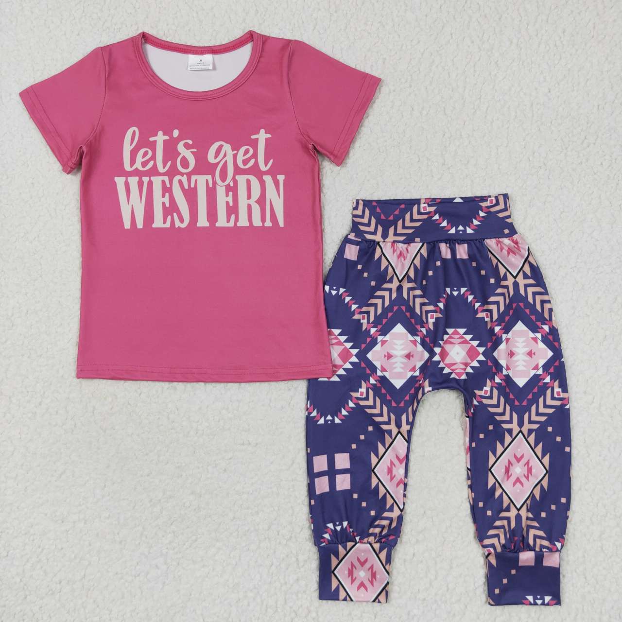 GSPO0727 Lets get western hot pink short sleeve Aztec pants girls set