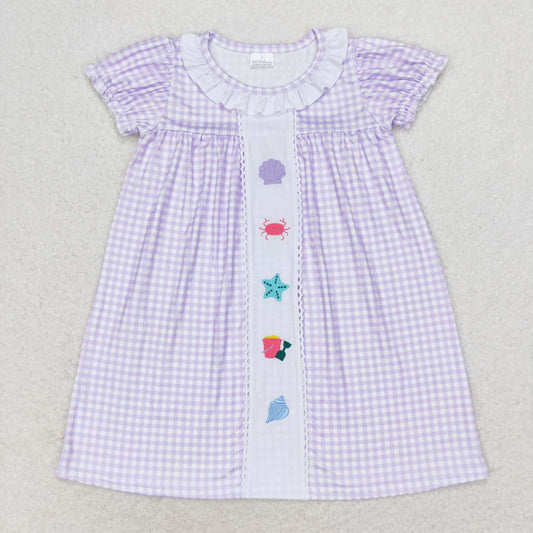 GSD1021 embroidery sandbeach shell crab purple checkered short sleeve girls dress