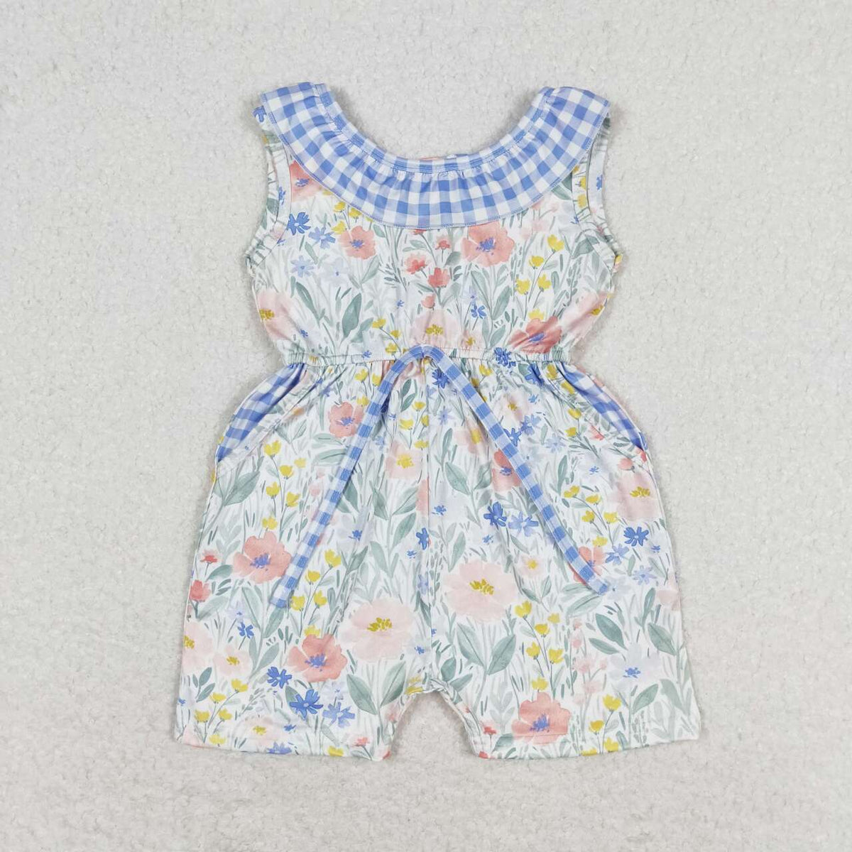 SR1343 multi color flowers blue pockets flutter sleeve girls jumpsuits