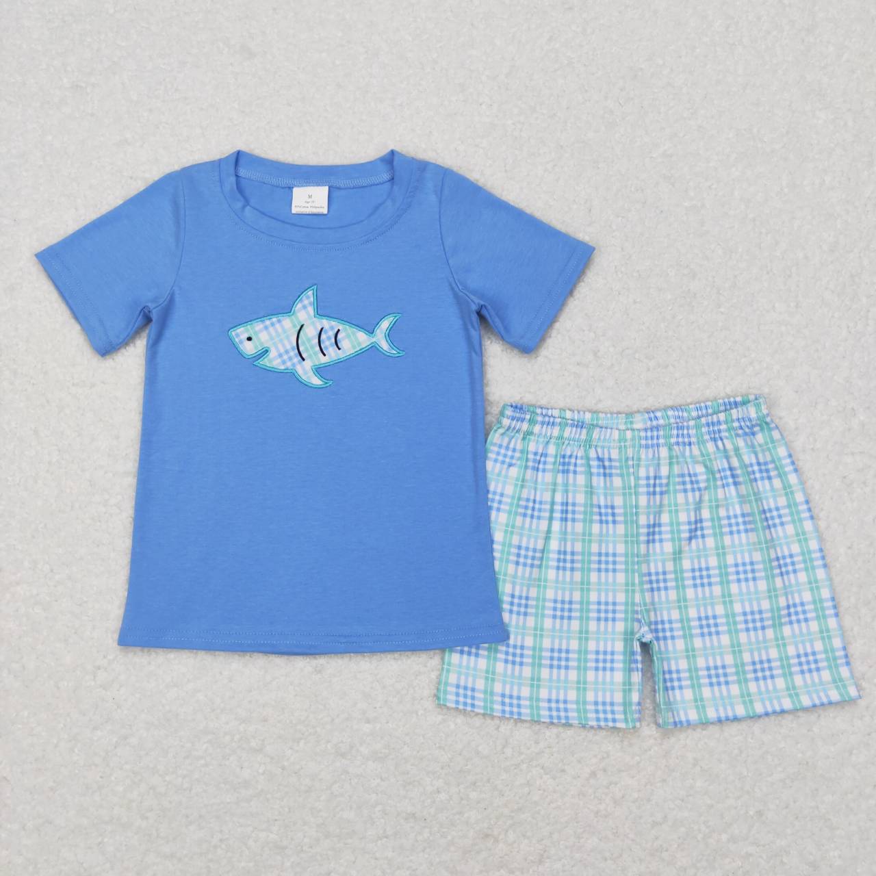 BSSO0284 Fishing blue short sleeve purple & green striped shorts boys set