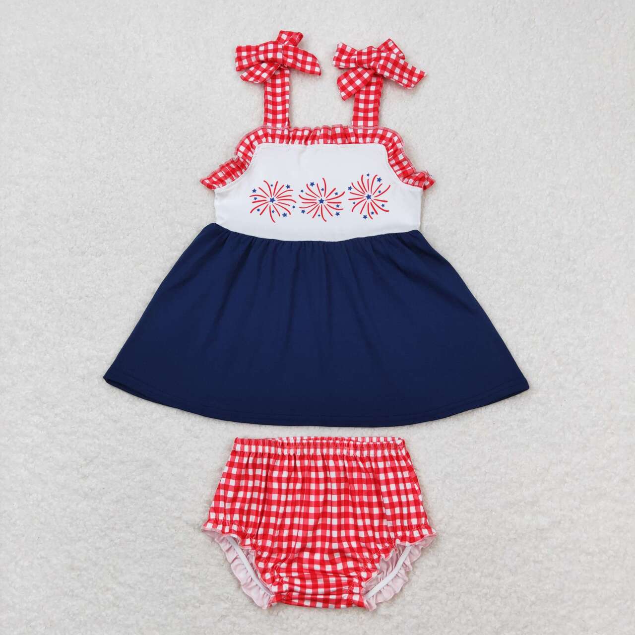 GBO0330 July 4th fireworks lace-up red checkered girls set