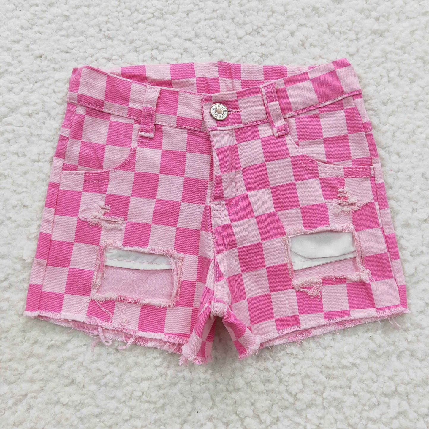 SS0092 Pink Plaid Print Denim Jeans Shorts