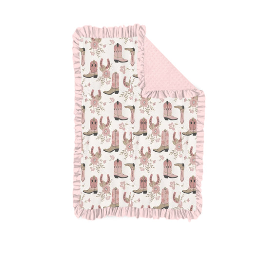 preorder BL0246 Western Boot Flowers Pink Baby Blanket