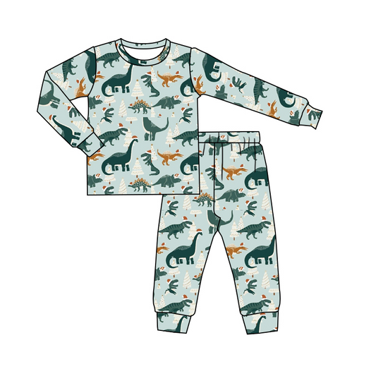 preorder BLP0193 Christmas Green Dinosaur Long Sleeves Boys Pajamas