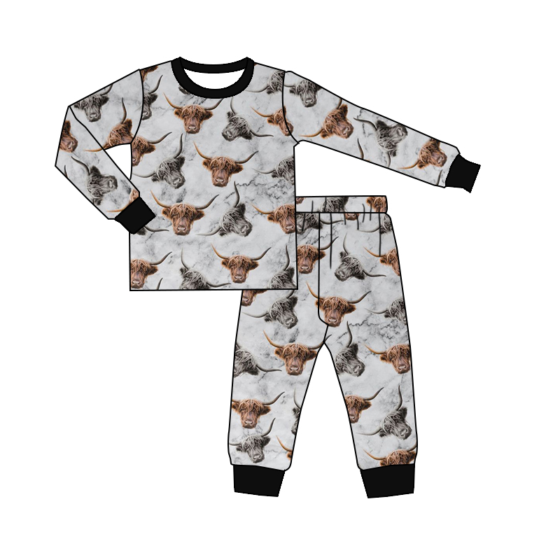 preorder BLP0195 Highland Cow Grey Long Sleeves Boys Pajamas