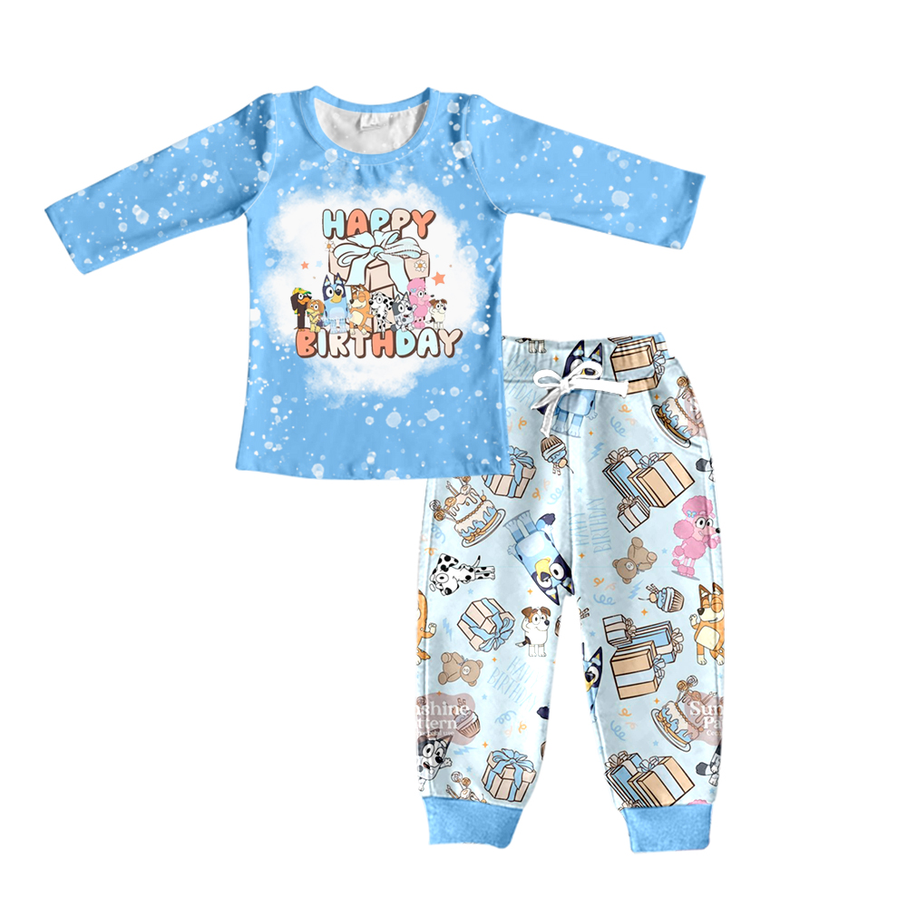 preorder BLP0200 Happy Birthday Cartoon Dogs Long Sleeves Blue Pants Boys Clothes