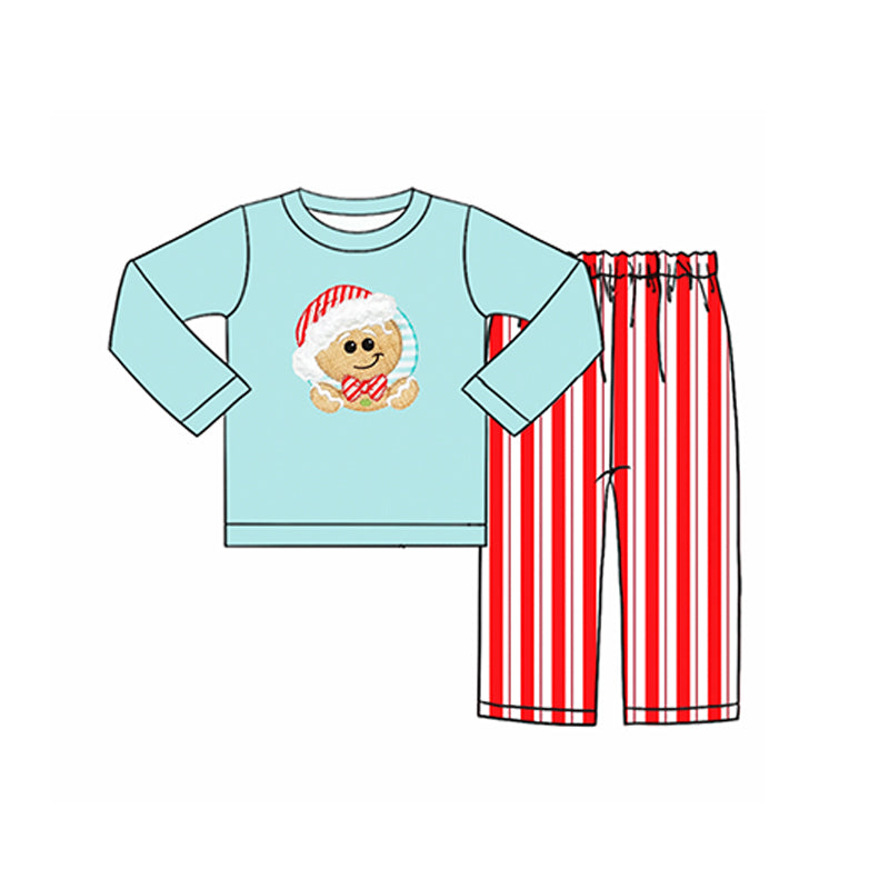 preorder BLP0212 Christmas Gingerbread Man Blue Long Sleeves Red Striped Pants Boys Clothes