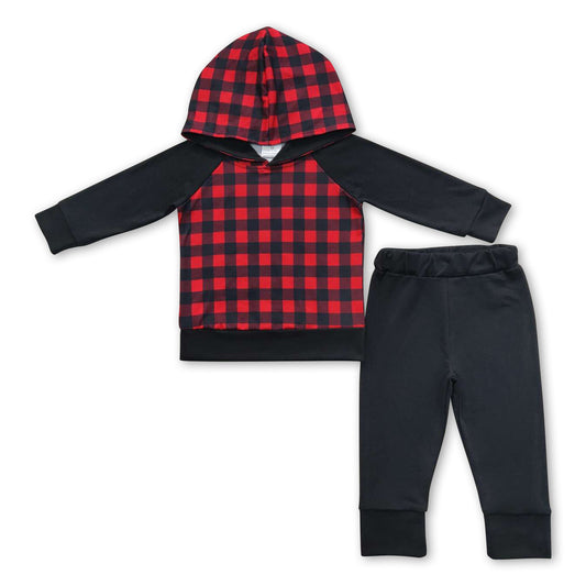 BLP0224 Christmas Red Checkered Hoodie Long Sleeve Black Pants Boys Set